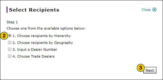 Select dealer recipients by hierarchy, step 1 of 4.